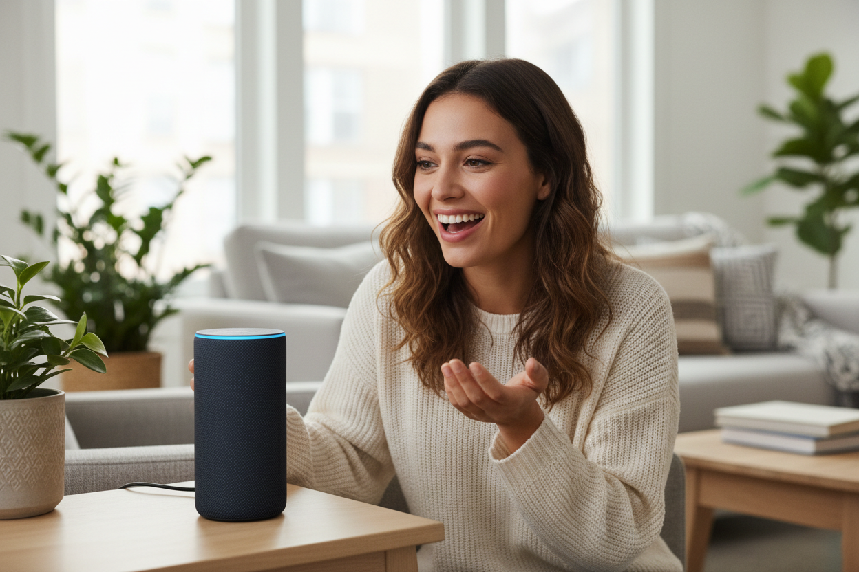 a girl feeling happy to voice  commanding Echo Dot (3rd Gen) - Smart speaker with Alexa - Built with privacy controls - Charcoal , 